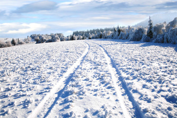 Fototapeta na wymiar Rural road in snow. Winter country landscape.