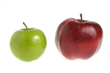 One red apple and one green apple isolated