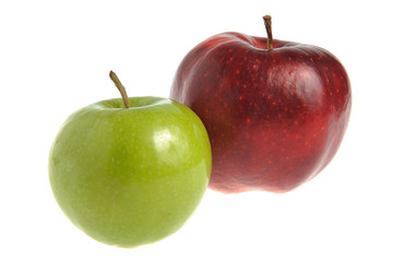 One red apple and one green apple isolated