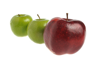 One red apple and two green apples isolated