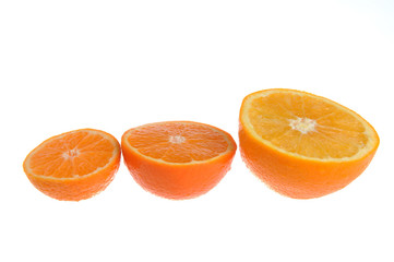 Three halves of orange, minneola, mandarin isolated