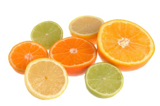 Seven halves of orange, minneola, mandarin, lime and lemon isola