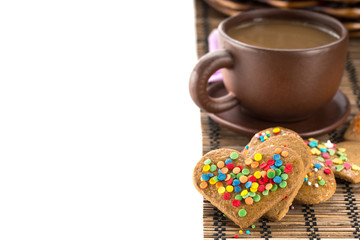 Morning coffee and Valentine cookies in the shape of hearts