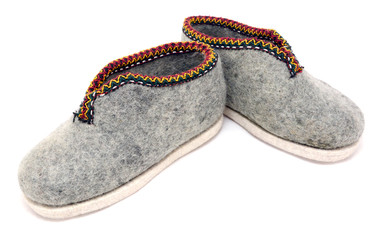 Handmade embroidered grey felt slippers