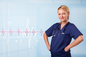 Pretty medical doktor listening to red pulse and heart rates