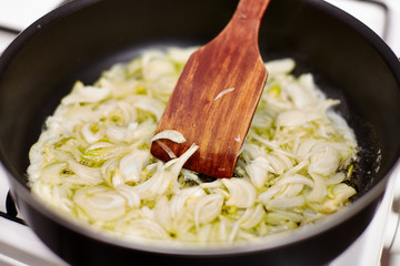 Sliced onion in the pan