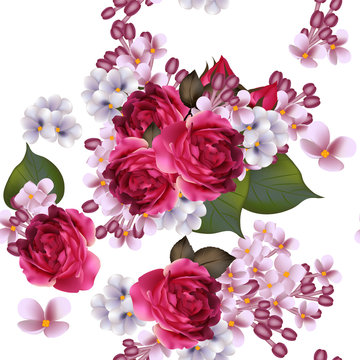 Floral vector seamless wallpaper with lilac flowers and roses