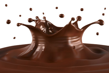 Hot chocolate splash and ripples on white background.
