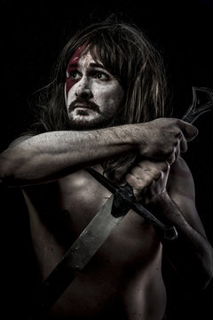 Iron.fighter with sword, medieval warrior mandoble