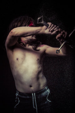 Fighting.fighter with sword, medieval warrior mandoble