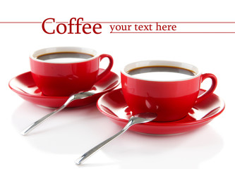 Red cups of strong coffee isolated on white