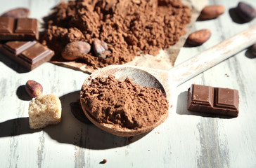 Cocoa powder in spoon on wooden table