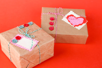 Paper gift boxes on  color background