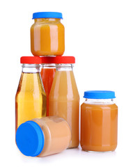 Baby food in glass jars, isolated on white
