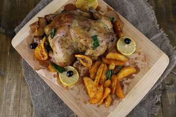 Whole roasted chicken with vegetables and fried potatoes