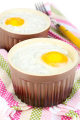 Baked eggs close up