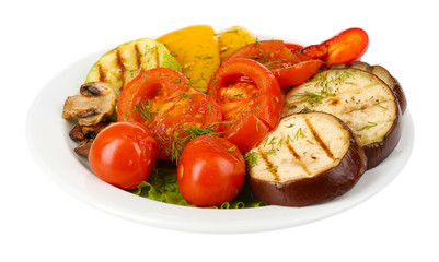 Delicious grilled vegetables on plate isolated on white