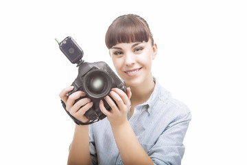 Fototapeta premium Portrait of Young Caucasian Woman Taking Images With Professiona