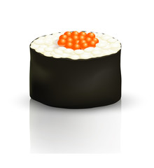 Sushi roll on the surface with reflection