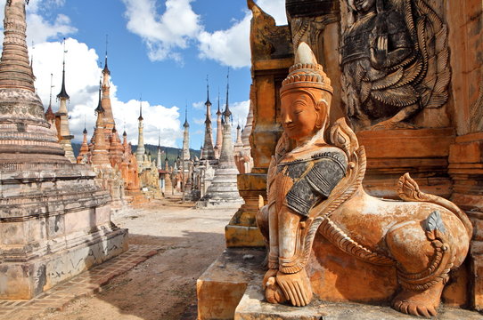 Pagodas decorated with statues and bas-relief; Indein, Myanmar 