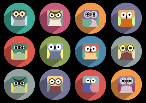 Flat icons of owls with long shadow effect