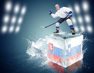 Slovakia - Slovenia game. Spunky hockey player on ice cube