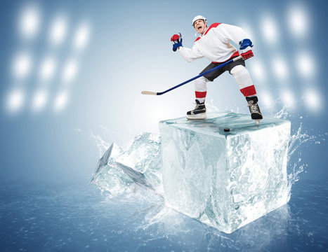 Hockey player on ice cube