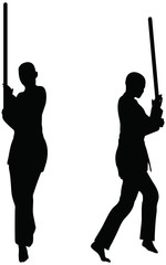 silhouettes of men and women in sword fight karate poses