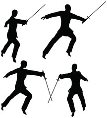 silhouettes of men and women in sword fight karate poses