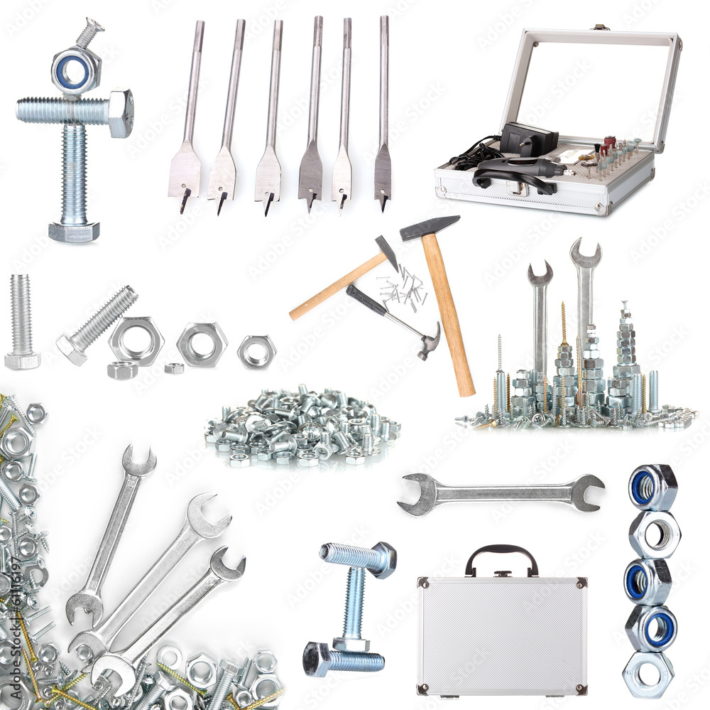 Wall mural Collage of metal workshop tools isolated on white