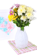 Beautiful chrysanthemum flowers in vase isolated on white