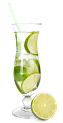 Glass of cocktail with lime and mint isolated on white