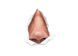 The human nose sticks out through a hole - obrazy, fototapety, plakaty
