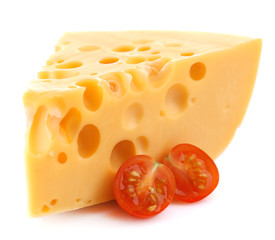 Piece of cheese and tomatoes, isolated on white
