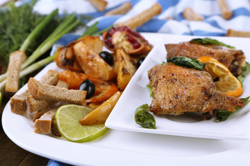 Homemade fried chicken drumsticks with vegetables