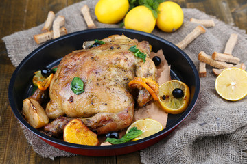 Whole roasted chicken with vegetables