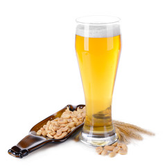 Glasses of beer with snack isolated on white