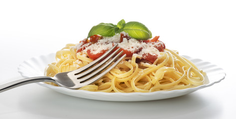 dish with spaghetti and tomato souce