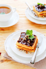 waffles with chocolate and tea