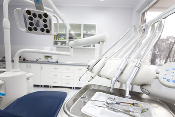 Dental instruments and tools in a dentists office 
