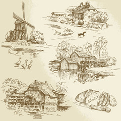 hand drawn collection - windmill and watermill - obrazy, fototapety, plakaty