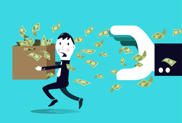 Terrified businessman hiding money from a big businessman hand