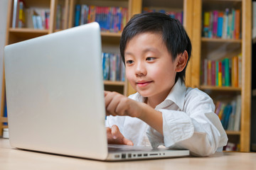 Asian school boy in white shirt pointing on computer screen