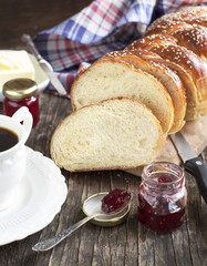 Freshly baked sweet braided bread loaf