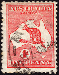 Postage stamp showing the map of Australia and the image of a ka