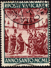 Postage stamp showing Saint Peter receiving the keys to the King