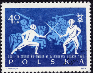 Polish postage stamp showing fencing and jousting
