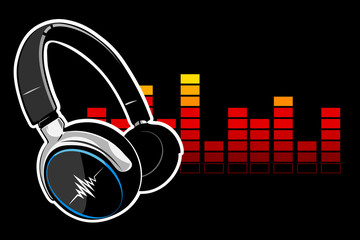 Music headphones on black background. Vector illustration.