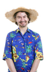 young happy man with a hawaiian shirt on white background