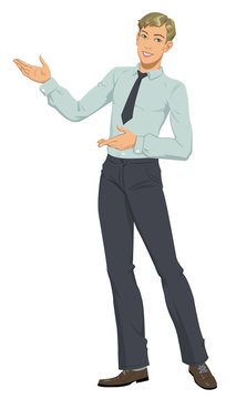 Smiling businessman pointing